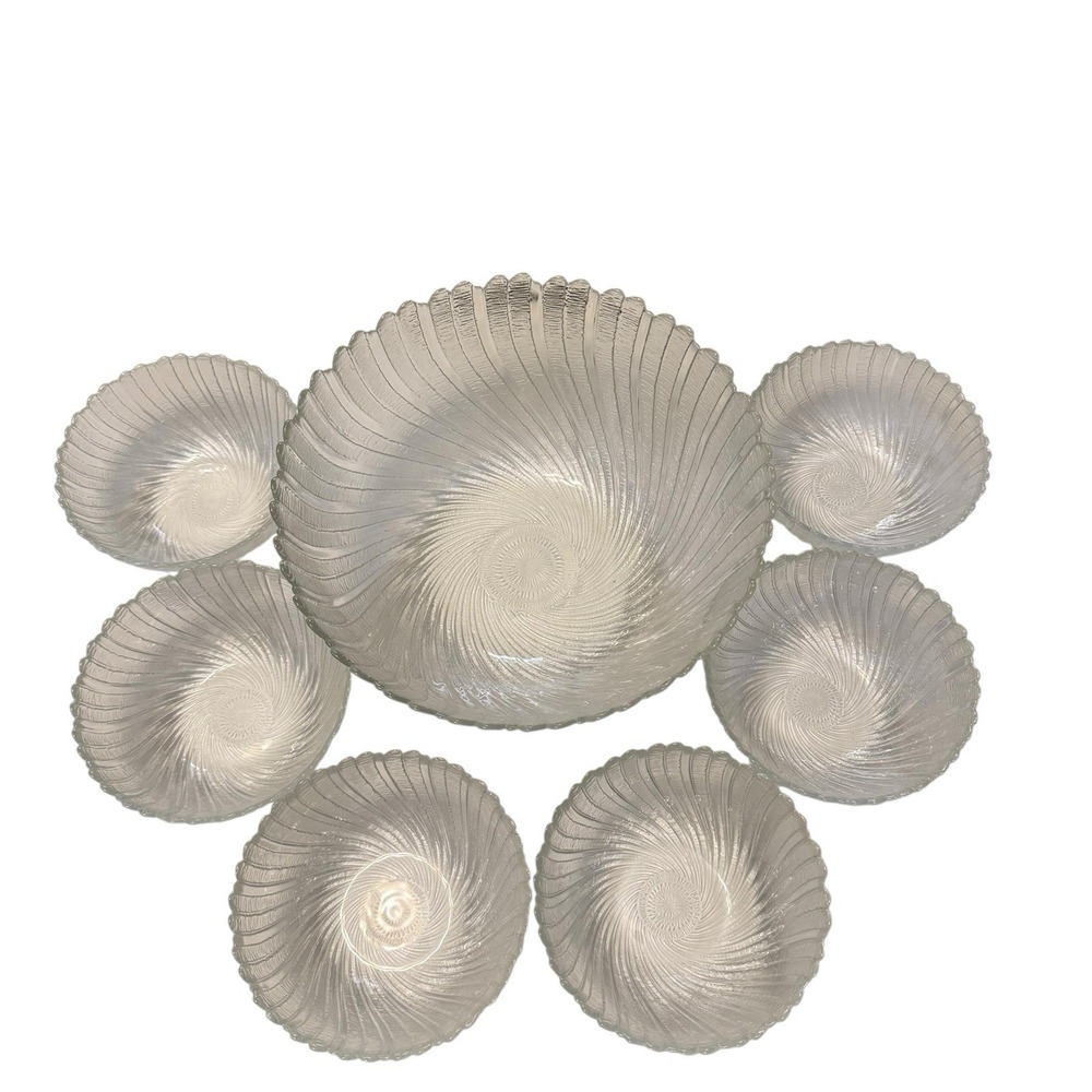 Arcoroc France Aspen Swirl Glass Salad Bowl Set 7 Pc Large Serving + 6 Bowls